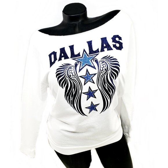 Dallas White Scoop Neck Rawedge Light weight Jersey 3/4 Slv.Top. Football Spiri - Picture 1 of 4